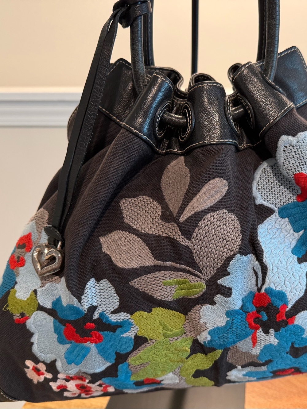 Brighton Embroidered Floral Drawstring Shoulder Bag - Black